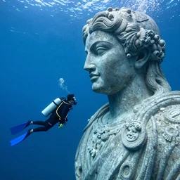 two scuba divers exploring a massive statue underwater, a masterpiece by rodrigo martinez, best painter in the world