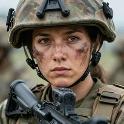 female special forces soldier, close up photography, highly detailed, brave, dirty face