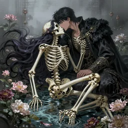 Stunning Anime Goddess part skeleton of the floral river flowers, Kissing her king in a dark romance, misty,  by cgsociety,  in the style of Charlie Bowater, Tom Bagshaw,  intricate, beautiful, artstation 8k, high resolution