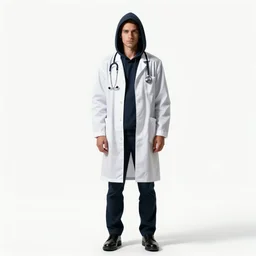 hooded doctor with stethoscope, cinematic studio photo, full body, standing, isolated on a pure white background, centered, whole figure in frame, sharp focus, studio lighting