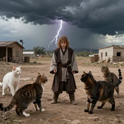 film still of jedi cats fighting in a texas thunderstorm, 4 k