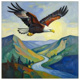 woman flies like an eagle over the mountains and valleys and along the river to the ocean, abstract art in the style of cubism and georgia o keefe,