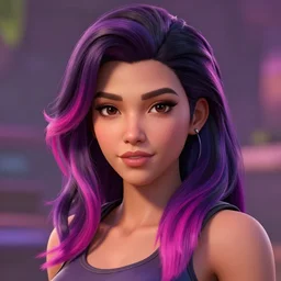a beautiful woman of random ethnicity with a beautiful and detailed with purple black and pink hair, rendered as an unreal engine 5 video game, cinema 4 d, octane render, detailed, brawl stars, cinematographic, artstation greg rutkowski, full colors hd