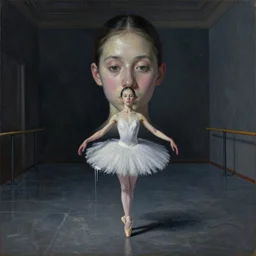 young ballerina training in a big dark room, painted in style of marlene dumas, andreas gursky, oil painting, dripping paint, intricate details, lonely, psychologic, melancholic, symmetrical face, hyper detailed