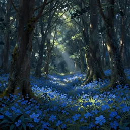 forest with flowers blue, Digital Matte Illustration by asher brown durand and thomas kinkade