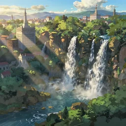 evergreen valley, several waterfalls, ancient city, tall marble buildings, landscape, global illumination, morning light, radiant light, bird's eye view, by makoto shinkai and lois van baarle, ilya kuvshinov, rossdraws, tom bagshaw,