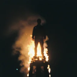 lomo photograph of a man standing on a burning tower, out of focus, dramatic lighting, night, grainy, fog