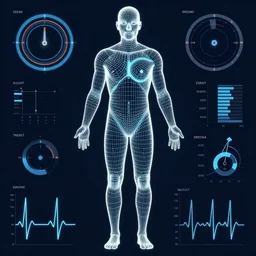 Biomatric displayed using vector wireframe of human body showing dials, graphs , markers, heart rate