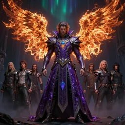 fantasy character portrait, amethyst longcoat male warlock with burning angel wings, ultra realistic, wide angle, intricate details, aurora artifacts, sharp focus, highly detailed by peter mohrbacher, hajime sorayama, wayne barlowe, boris vallejo, aaron horkey, gaston bussiere, craig mullins