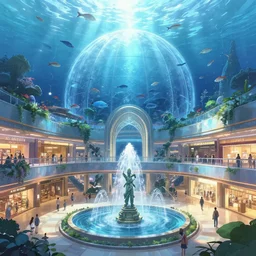 A multi-level shopping mall in a bustling beautiful city on the sea floor in a glass dome, anime, fountain, statue, underwater, rapture, fish flying over head, godrays, a fantasy digital painting by Makoto Shinkai, trending on Artstation, highly detailed