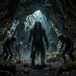 a creepy cave, monsters, cinematic