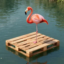 wooden pallet floating in the river with a flamingo standing on it, intricate Details, raphael lacoste, eddie mendoza, alex ross, concept art, matte painting, highly detailed, rule of thirds, dynamic lighting, cinematic, detailed, denoised, centerd, clean render