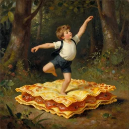 a dancing lasagna boy on the woods, old painting