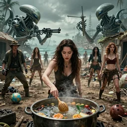 she makes the deep boil. dark fantasy about casually - dressed women with male humans in dirty seaside town, a globster, and beautiful song. action - packed hunting!!! hybridizing!! alien - robot invasion science - fiction blockbuster. operating alien military vehicles and weapons. comic book cover by stan lee.
