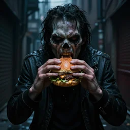 human eating a burger in the dark alley, digital art, dark, monster