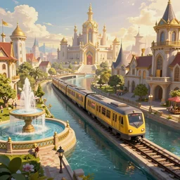 An urban train rides inside of a waterway on a fantasy city, next to a fountain and a mystical palace,, hyperdetailed, artstation, cgsociety, golden hour 8k