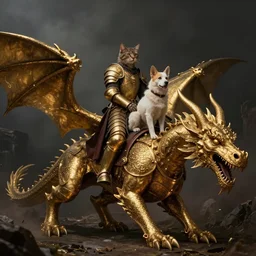cat and dog riding a very large golden armor dragon, medieval setting, photorealistic, dark, ominous