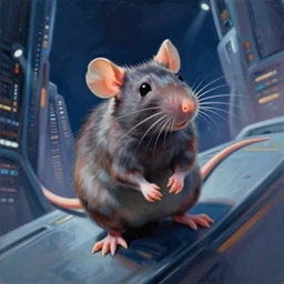 a portrait of a rat, painting by syd mead, futuristic cityscape, dynamic angle, stage lighting