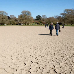 Parched ground on Hampstead Heath, people walking with aunt, cracks, blue sky, photorealistic