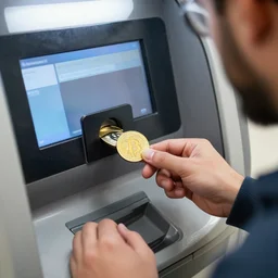 a man try to deposit bitcoin coin to a digital machine.
