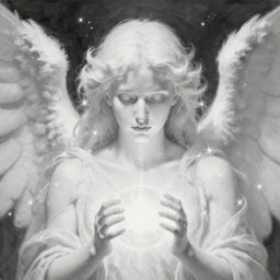 big detailed face highdetailed hyperrealistic painting of white angel!!! no gender!!!, giant ball of miracle light from the chest!!!!!, white sparkles everywhere, 4 k hd fur face!!!, big wings, by jan van eyck, holography space, glow effect, large strokes, white monochrome color!!!!!