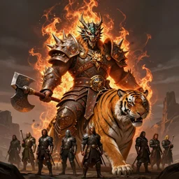 fantasy character portrait. orc king in spiky armor with aura on fire. wearing a dragon mask. sitting on tiger cavalry. holding an axe. ultra realistic. wide angle. intricate details. long shot. highly detailed by peter mohrbacher, hajime sorayama, wayne barlowe, boris vallejo, aaron horkey, gaston bussiere, craig mullins