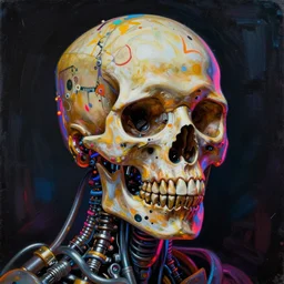 portrait of full head shot basquiat skull mechanical hydraulics neon highlights painting, intricate details, 3 d, octane 8 k, by moebius and basquiat