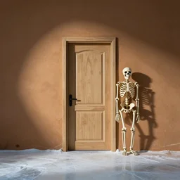 a single door at the desert, the ground is white ice, there's a skeleton standing next to the door