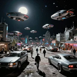 people are walking past sci-fi flying cars, back from work in a Russian cyberpunk slum city called Neo Norilsk on the Moon, at night, lots of flying cars, diverse, lively, black sky full of stars, blinding sun, sci-fi, lots of flying cars, levitation, cyberpunk outfits, photorealistic, grainy, 35mm, intricate, very very beautiful, elegant, smooth, cinematic, Unreal Engine 5, by Beeple, trending on Artstation HD