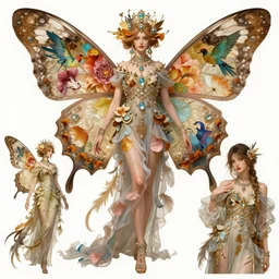 Character concept spot illustrations of fashion featuring butterfly wings and exotic birds and exotic flower petals motifs, full-body, bloom, dynamic poses, diaphanous cloth, intricate crystalline and feather jewelry, ornate, filigree, arcane, cinematic lighting, by Alphonse Mucha, by Artgerm, by Bouguereau, by Sakimichan, fantasy, portfolio illustration, highly detailed, trending on Artstation, CGsociety, HQ, 8k, 35mm lens, f2.8, Bokeh,