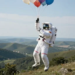 concept art of an astronaut floating up grabbing balloon threads, sharp focus, realism, over a beautiful landscape, photography, artstation, 4 k, 8 k