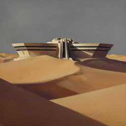 chiaroscuro gouache by james gurney. building designed by frank lloyd wright. dune palace.