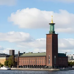 stockholm skyline, cute puffy clouds, daylight, stockholm city hall, markus gunnar