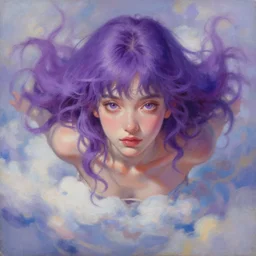 painting by krenz cushart!!, portrait of a beautiful girl, purple hair, floating in the clouds, finely detailed features, intricate brush strokes, beautiful lighting, trending on pixiv fanbox.