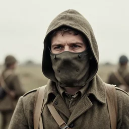 a man wearing hooded mask at distance, ww1 film photo, grainy, high detail, high resolution