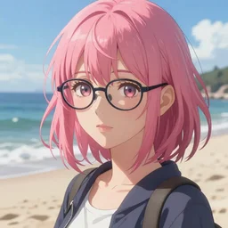 beautiful girl with pink hair and glasses, on a beach, sunny, daytime, sharp focus, intricate, digital painting, artstation, official media, anime key visual, highly detailed, rich vivid colors ambient lighting, illustration, art by Artgerm, Makoto Shinkai, Ilya Kuvshinov, Lois Van Baarle and Rossdraws