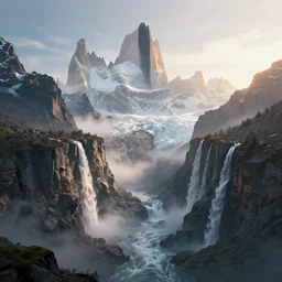 beautiful render of a mountain world, unreal engine, first light, majestic cliffs, waterfalls, raging rapids, towering peaks, snowy summits, icy glaciers, misty peaks, black tower, soft light, by greg rutkowski, cgsociety