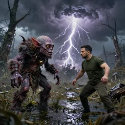 Zelenskiy fights gollum on swamp, thunderstorn, realistic , 8k,