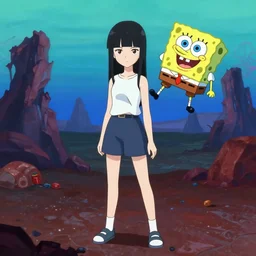 cool anime girl in hell landscape with spongebob lurking over her