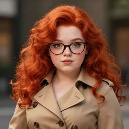 highly detailed, digital art, pixiv fanbox, trending on artstation, ray tracing, volumetric lighting, sharp focus, hq, a portrait of a cute sexy chubby redhead girl with soft curl long hair and glasses, wearing a trench coat, chubby, by artgerm, wlop, greg rutkowski, miyazaki hayao