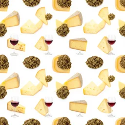 seamless pattern of cheeses and wine glasses and weed nuggets, colourful, symmetrical, repeating 35mm photography