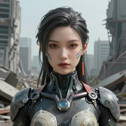 Ultrarealist aesthetic detailed face portrait of a very beautiful dollpunk wearing Abstract tech bodysuit, in front of a ruined city, epic exquisite character art, focus, looking at camera, accurate symmetric features proportions, golden ratio, ultra intricate details, award winning, unreal render, by Tom Bagshaw
