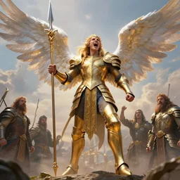 dynamic fullbody portrait of a powerful magical warrior screaming to sky, armed with elaborate spear, angelic wings, golden armor, well lit, by greg rutkowski and gaston bussiere and craig mullins and j. c. leyendecker, volumetric lighting, hd