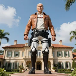 joe biden, as the colossal titan, from attack on titan, stepping on the mar a lago mansion, 1 2 0 mm, super high resolution, high detail, award winning photography
