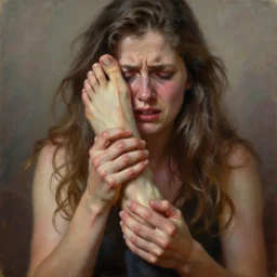 Woman in pain after stubbing her toe badly, OUCH, hurting, oil painting, photorealism