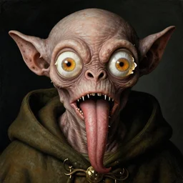 close up portrait of a mutant monster creature with iris flower eyes, large thorny tongue, fractal long ears, cloak. jan van eyck, walton ford