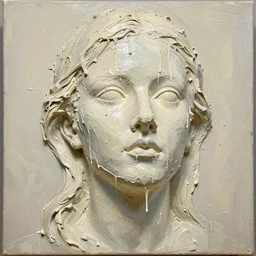 looking up at a gigantic three - dimensional thick impasto oil painting / sculpture in the shape of an woman's head, with no eyes, lots of thick encrusted paint, wet paint is oozing down over the face like wax on a candle, lots and lots of wax - like lines of dripping oil paint cover nearly everything, no skin or hair, or frame visible, lit from