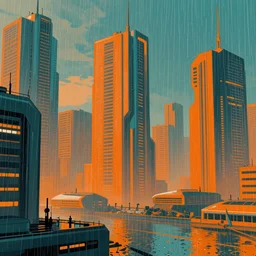 futuristic city with rain, in the style of syd mead, orange and turquoise color scheme,