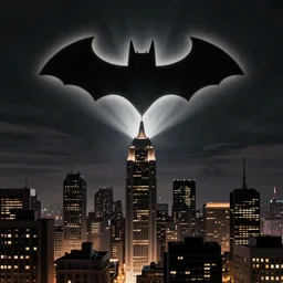 matte painting of bat signal against the Gotham city skyline, dark, stylized