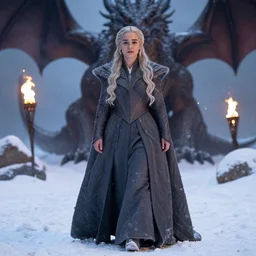 face portrait of Emilia Clarke as Daenerys Targaryen walking through deep snow wearing thick wooly clothing in a winter scene, fantasy, fireflies, torch light, dragons in background, intricate, elegant, highly detailed, centered, smooth, sharp focus, Donato Giancola, Joseph Christian Leyendecker, WLOP, Boris Vallejo, Artgerm